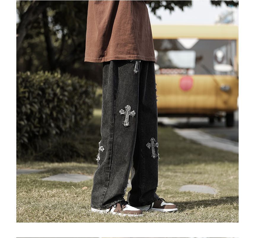 DuckleBeam - Mid Rise Cross Applique Washed Straight Leg Jeans