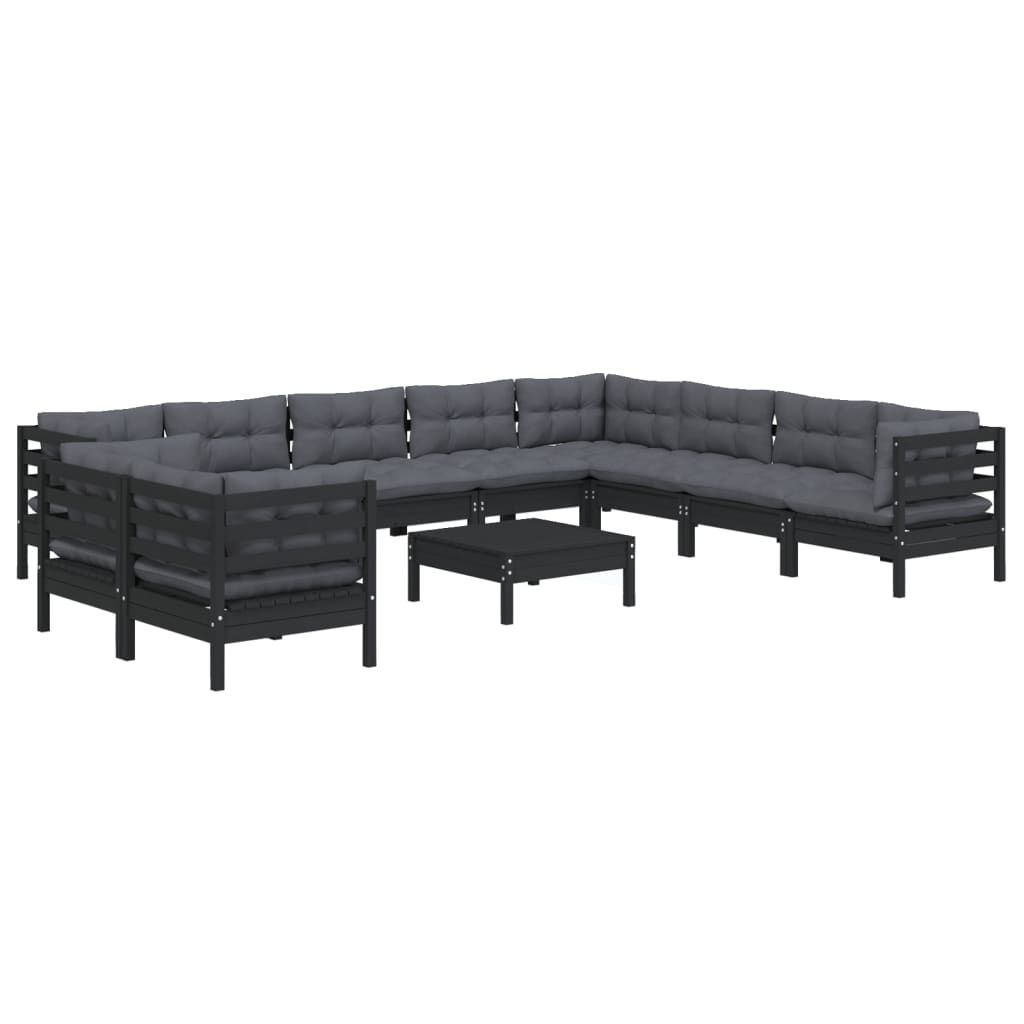 Salon de jardin meuble d'extérieur ensemble de mobilier 11 pièces avec coussins noir bois de pin solide