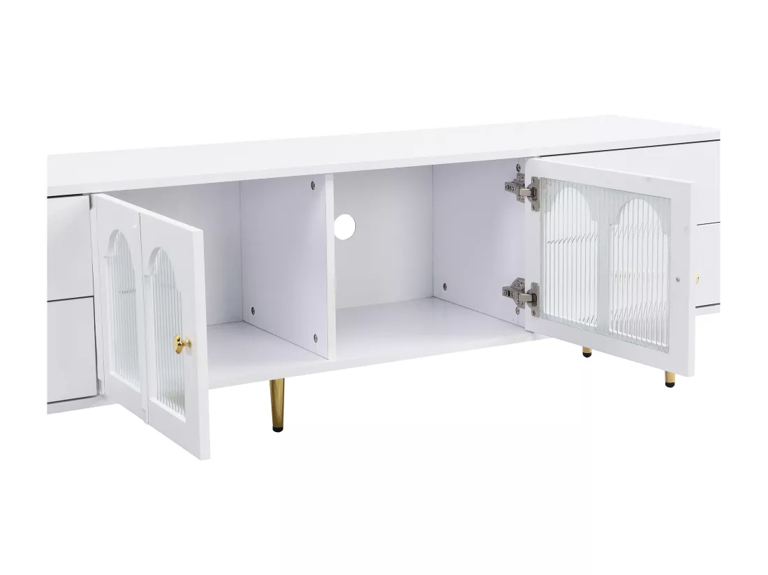 Meuble TV 170cm - 4 tiroirs et 2 portes - poignées et pieds dorés - Blanc
