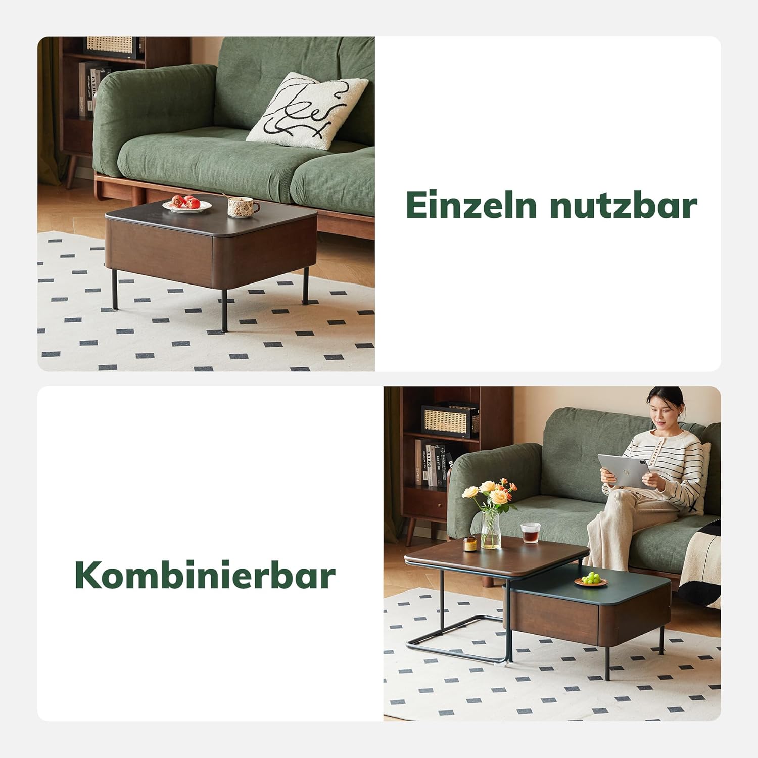 YESWOOD Massivholz Couchtisch 2 Set mit großem Stauraum, quadratischer Beistelltisch 2er Set, Kombinierbar, im Bauhaus-Stil, Tischplatte aus Keramik, für Wohnzimmer, Gummiholz in Walnussfarbe