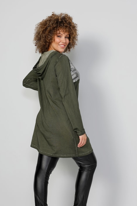 Longshirt, Pailletten, Kapuze mit Zipper, Langarm