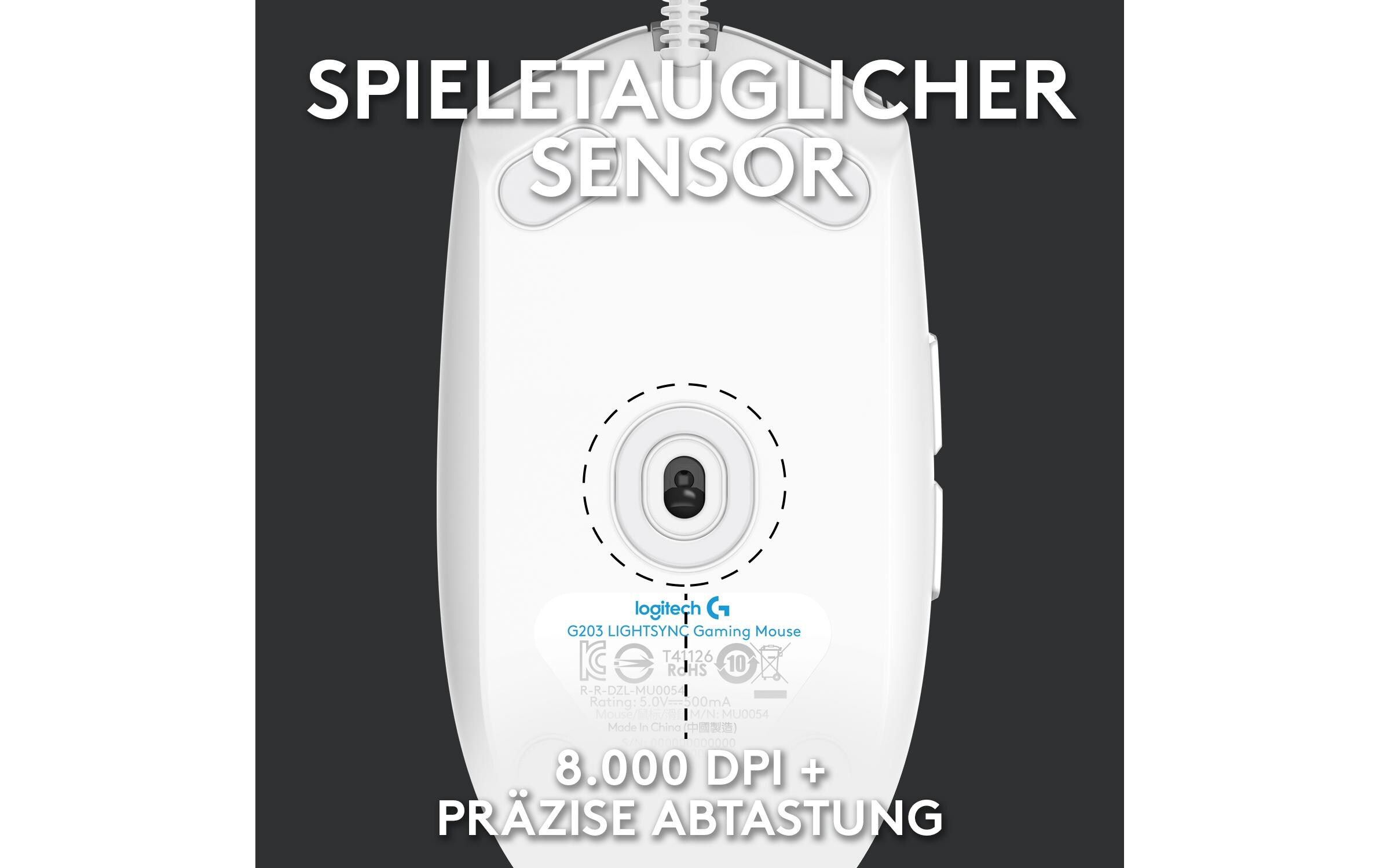 Gaming-Maus G203 Lightsync WeissReaktionsschnelle und leichte USB-Gamingmaus