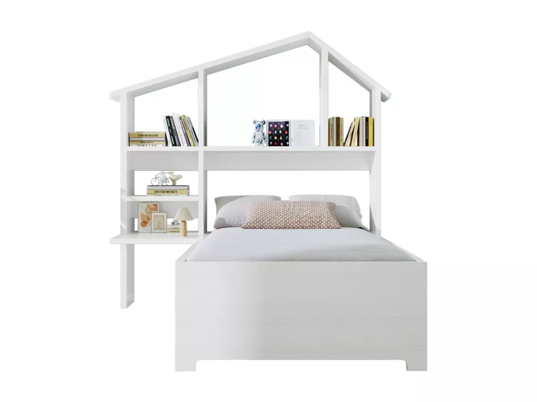 Lit enfant 90 x 200 cm avec étagères de rangement et bureau - Bois massif et MDF - Blanc (sans matelas)