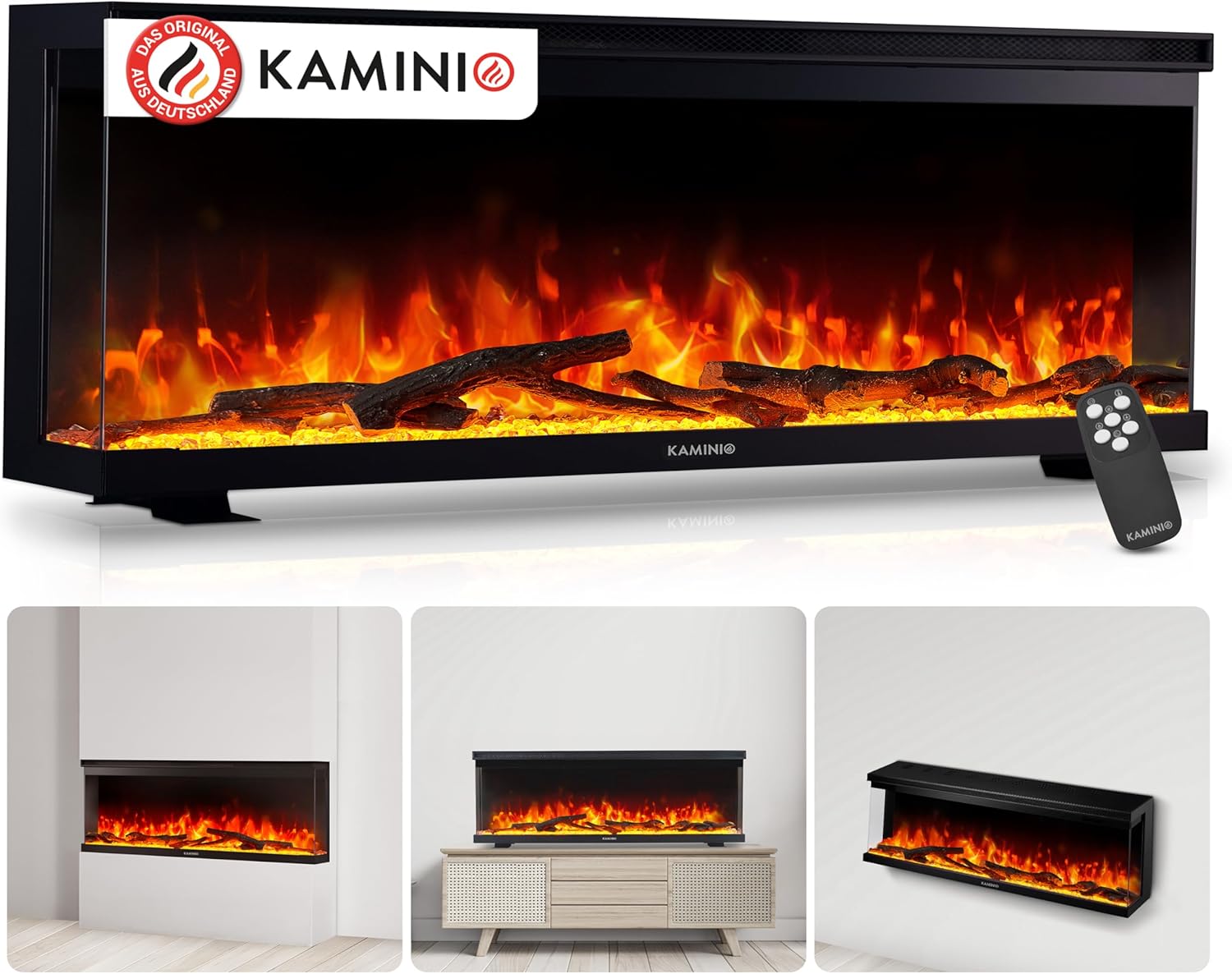 Elektrokamin LEA - Elektrischer 3-in-1 Kamin mit Panoramaview, Heizung, 3D-Flammeneffekt, 12 Flammenfarben, Fernbedienung (50 Zoll)