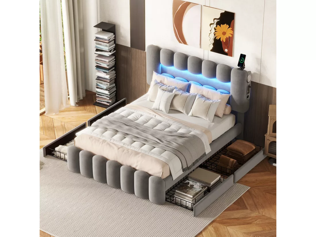 Lit avec tiroirs Lit adulte double 140 x 200 avec 4 tiroirs. LED avec USB et stéréo. en Cuir Gris