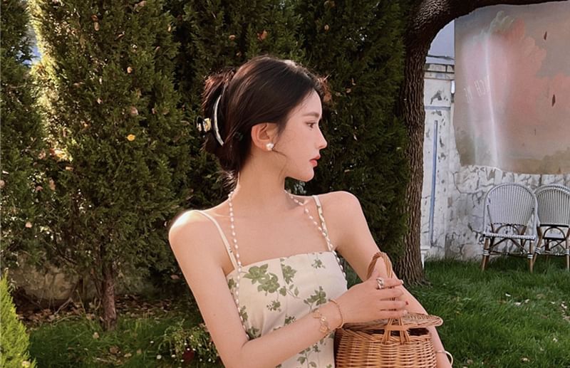 Nebbia - Midi-jurk met spaghettibandjes en imitatieparelprint en bloemenprint