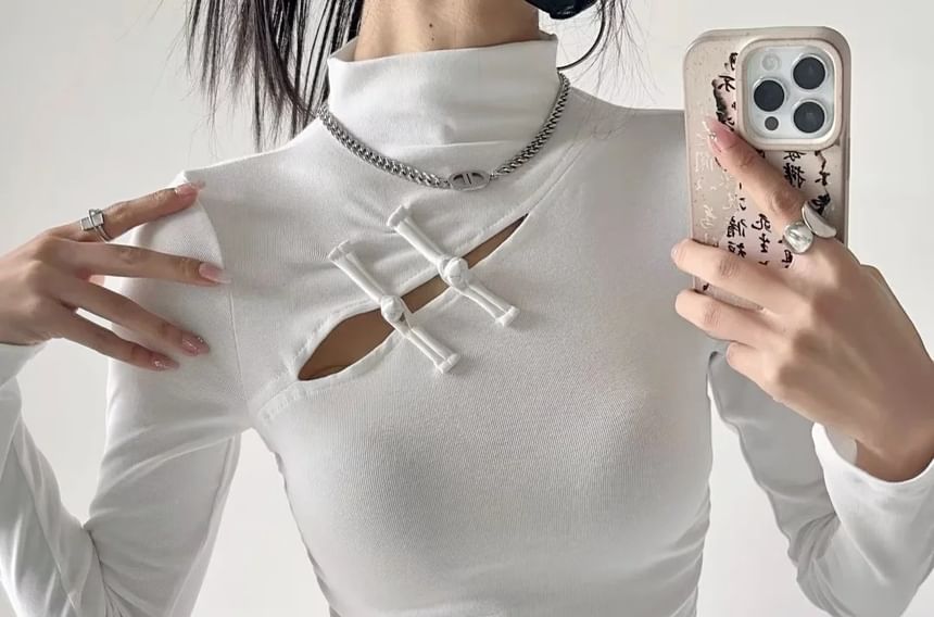 Reknovine - Top met lange mouwen, mockneck, effen uitsparing en gerimpelde sluiting met kikkermotief