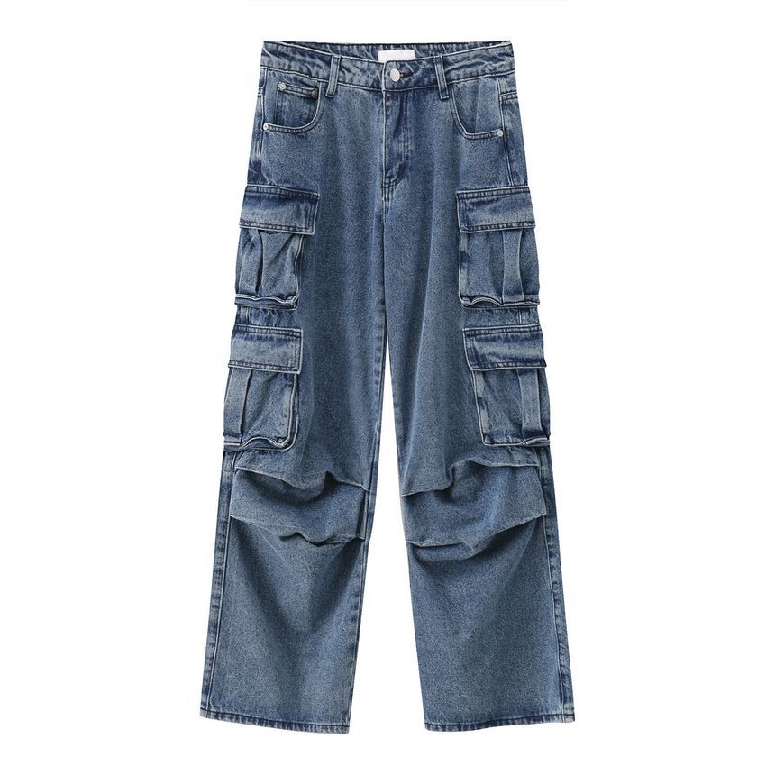 FAERIS - Cargojeans met rechte pijpen en wassing, middelhoge taille
