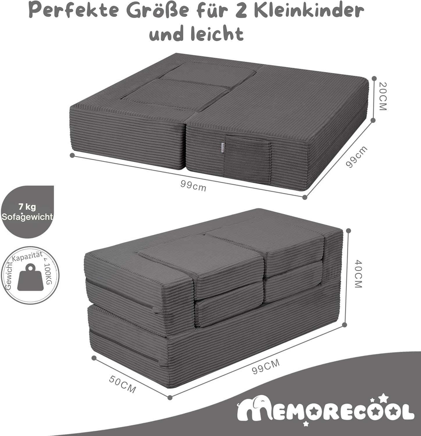 MeMoreCool Kindersofa aus Cord, Ausklappbares Schaumstoff Sofa, Modulare Mini Couch für Kinderzimmer & Schlafzimmermöbel, Anthrazit