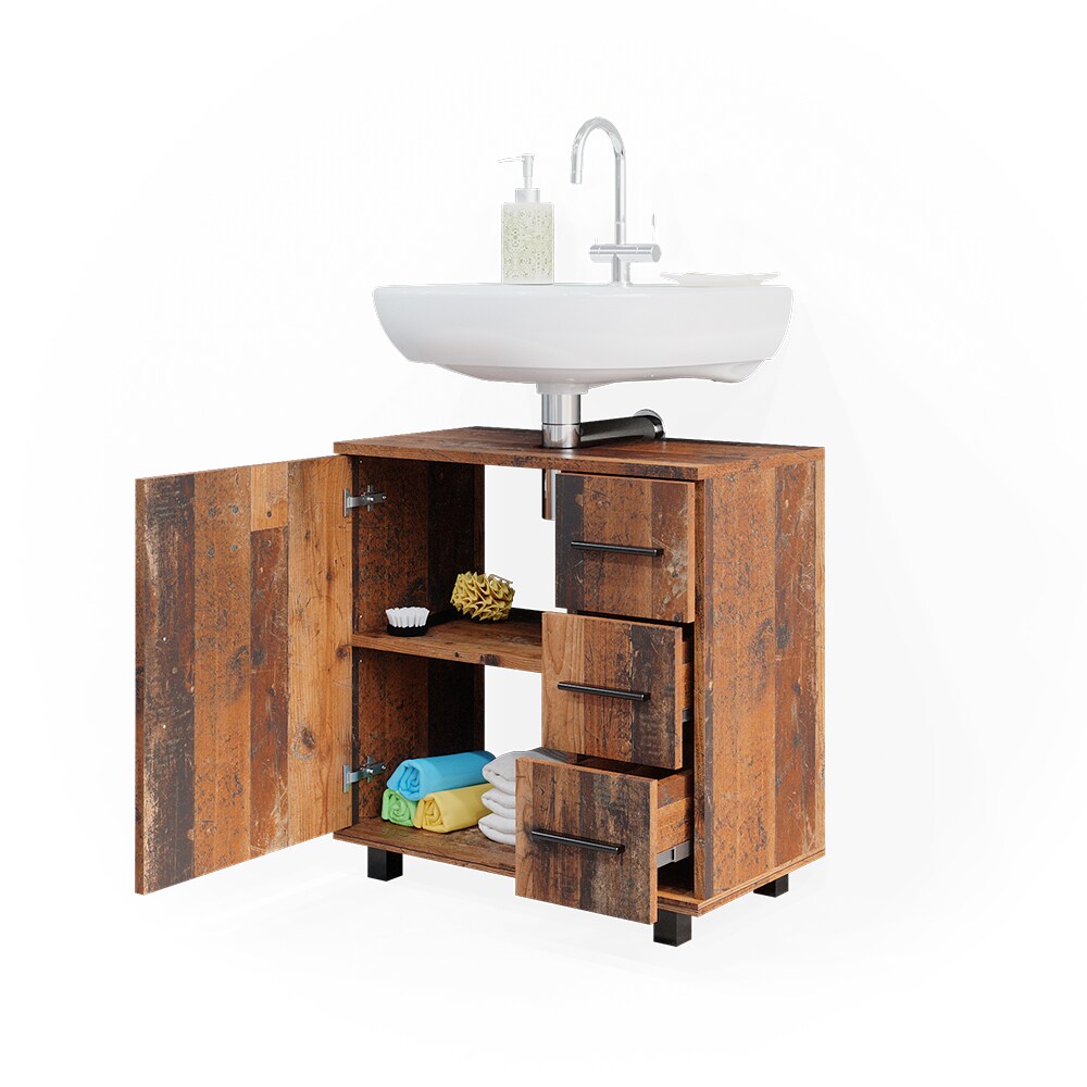 Vicco Waschtischunterschrank Waschbeckenunterschrank Ilias Old Style modern 60x61 cm Badezimmer Schrank Badschrank Badkommode Badmöbel 1 Tür 3 Schubladen