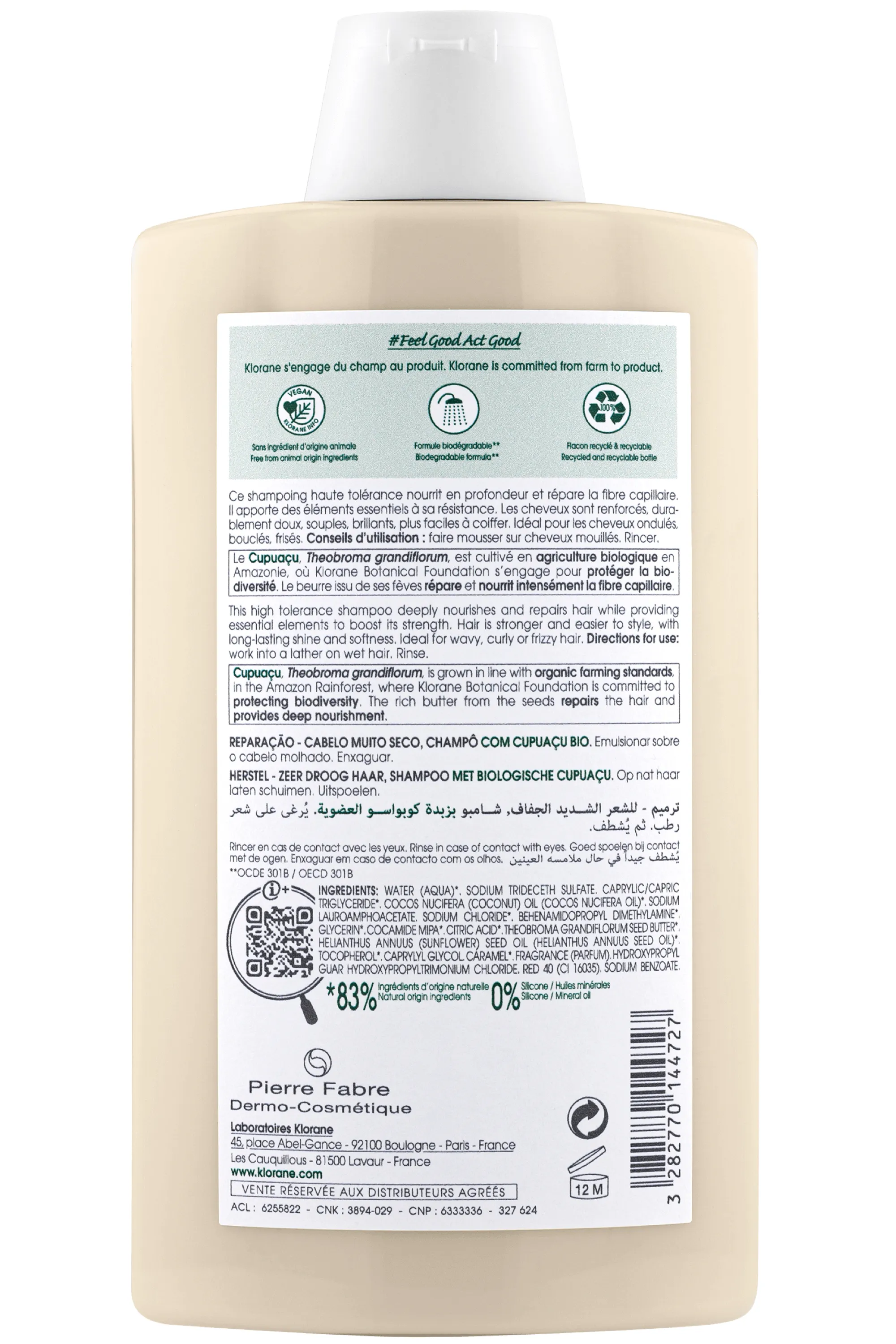 Klorane Shampoing nutritif et réparateur au beurre de Cupuaçu bio-400 ml