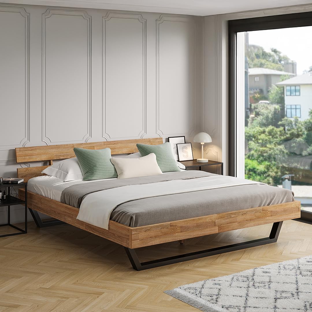 skølm Alver Massivholzbett 180x200 cm – Bettgestell aus Massivholz Eiche geölt – Holzbett mit schwarzen Metallkufen – hochwertiges Bett mit 2 Streben als Bettkopf – Bettrahmen geeignet als Doppelbett