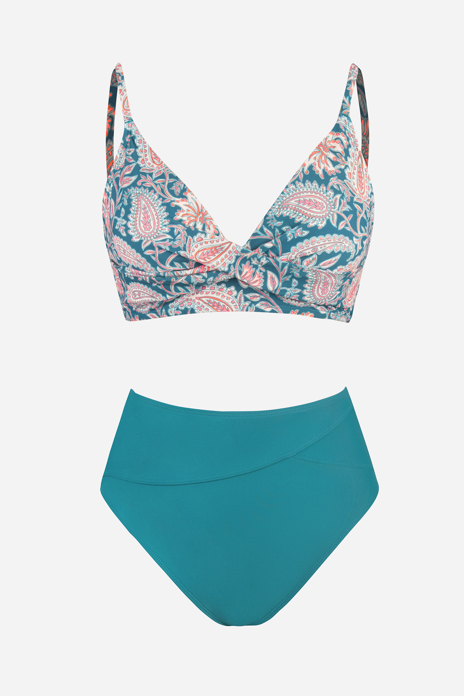 Bikini taille haute à col en V paisley