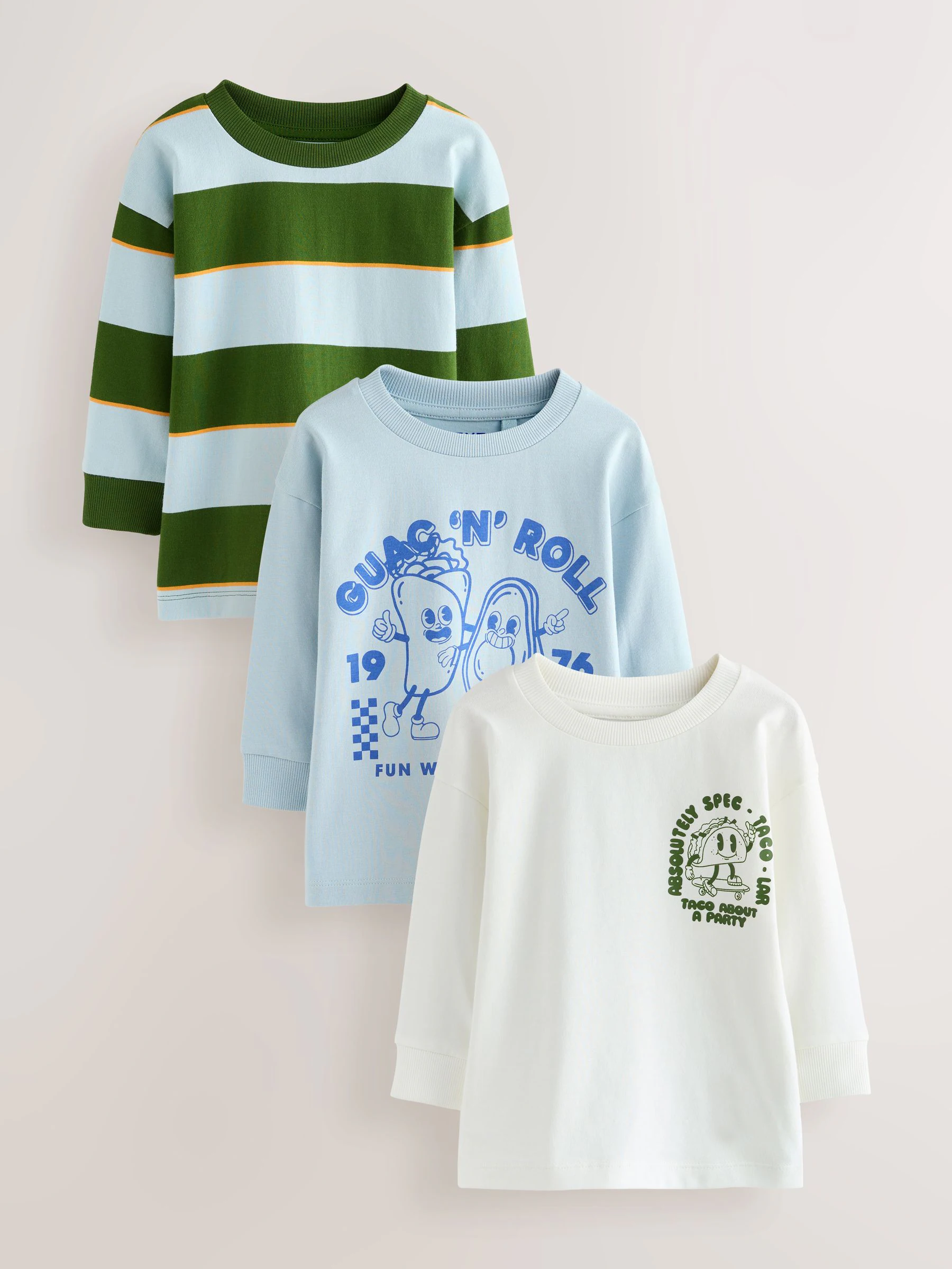 Blauw/Groene taco - Set van 3 T-shirts met grafische print en lange mouwen (3mnd-7jr)