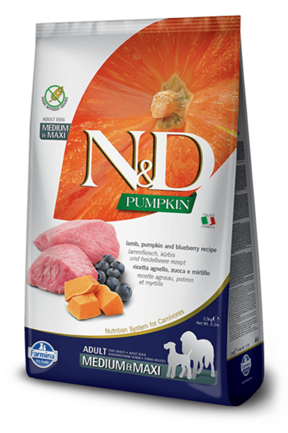 Croquettes n&d potiron agneau & myrtille chien medium/maxi 2,5 kg