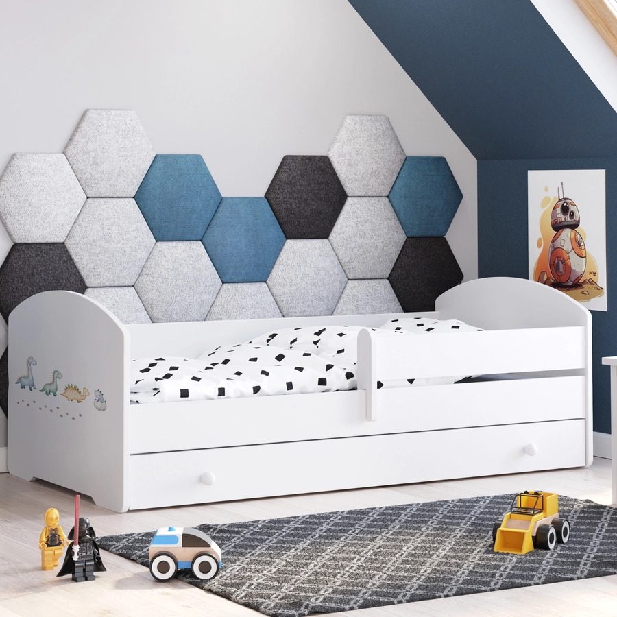 Kids Collective Kinderbett 70x140 | 80x160 cm mit Matratze und Schublade, Rausfallschutz Dinosaurier Motiv