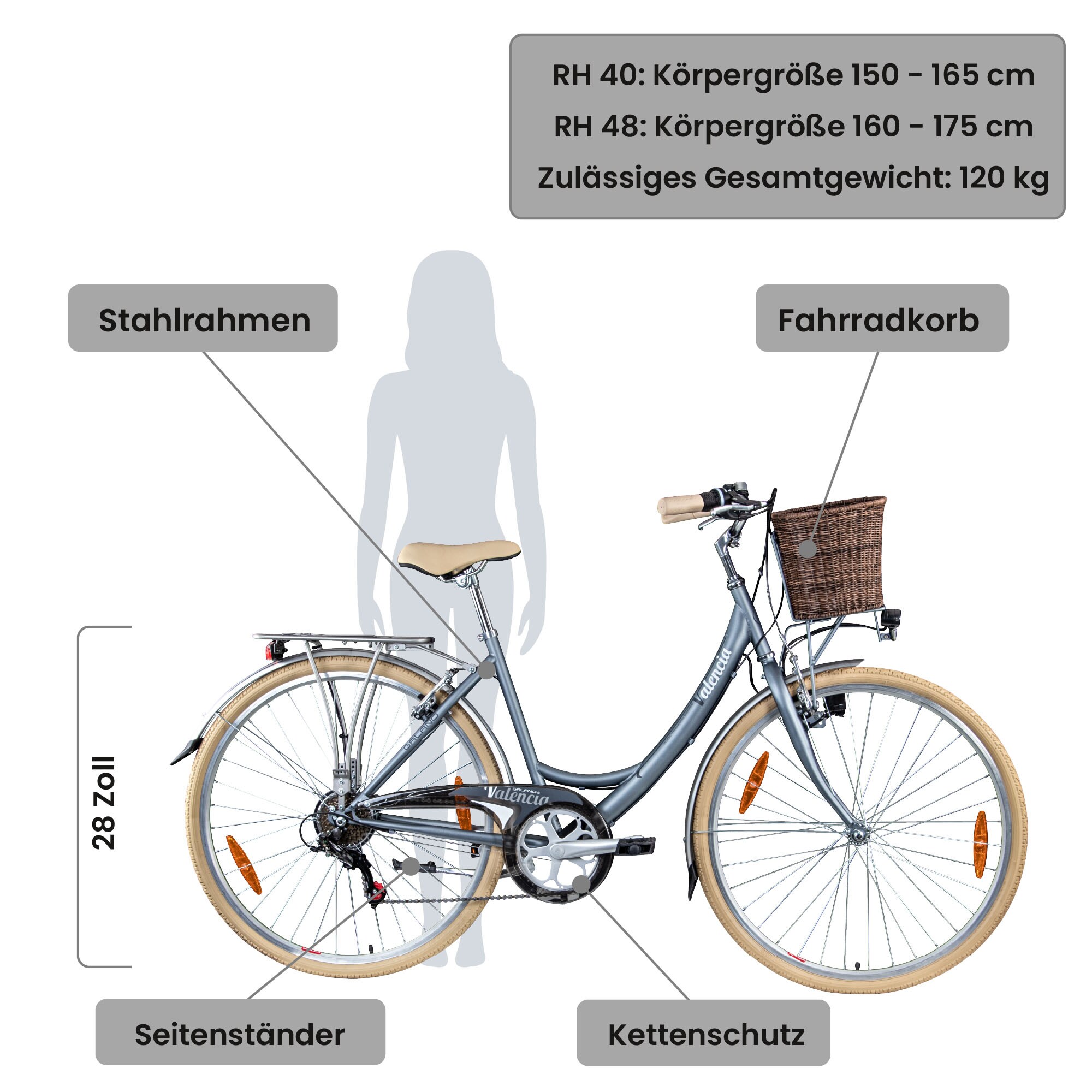 Galano Valencia Damenfahrrad 28 Zoll retro Hollandrad Damen 150 - 175 cm Tiefeinsteiger Fahrrad