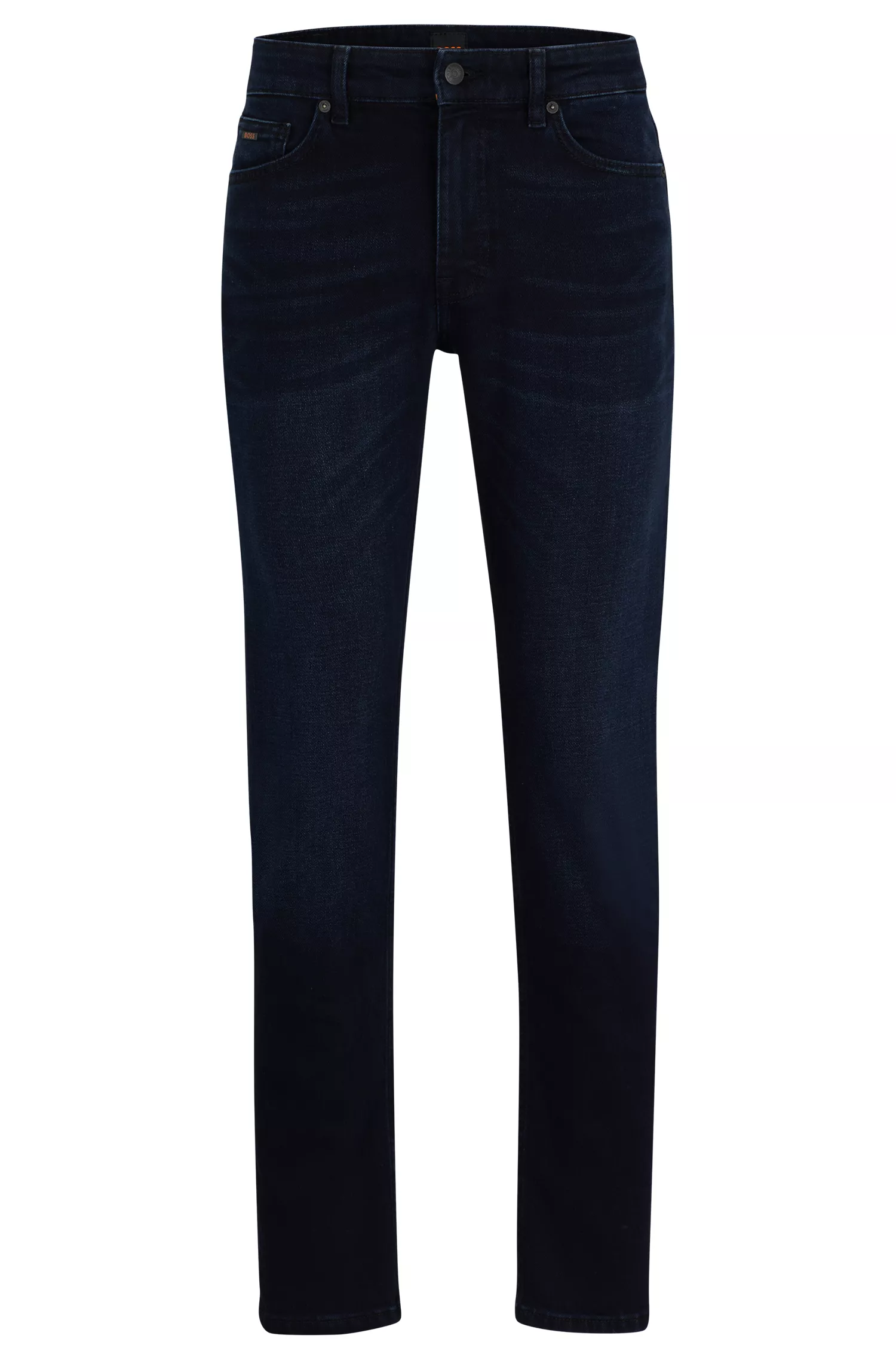 Calça jeans BOSS laranja, corte slim, em denim azul com elasticidade confortável.