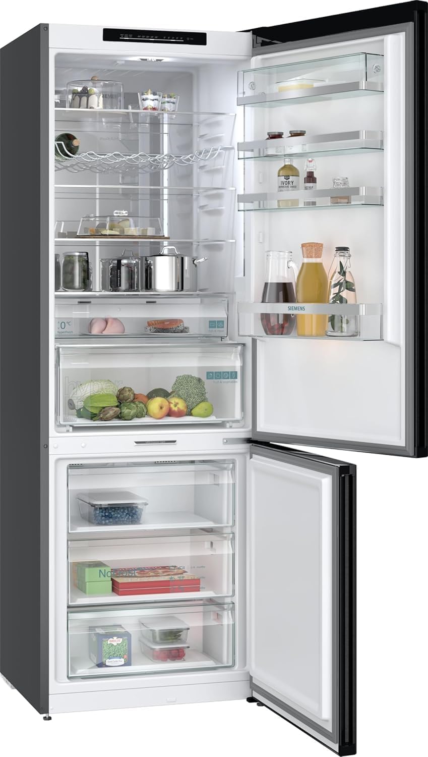 SIEMENS KG49N4XAF, iQ500, Freistehende Kühl-Gefrier-Kombination, Gefrierbereich unten, 440 l, Total noFrost, hyperFresh, extrem leise, LED Beleuchtung, 203 x 70 cm, Gebürsteter Stahl AntiFingerprint