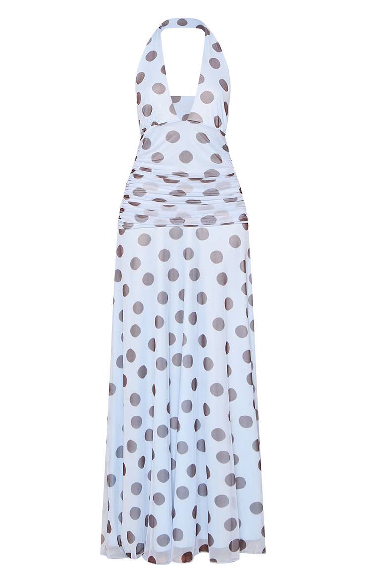 Bleu Robe Longue À Pois En Mousseline Avec Encolure Dos-nu