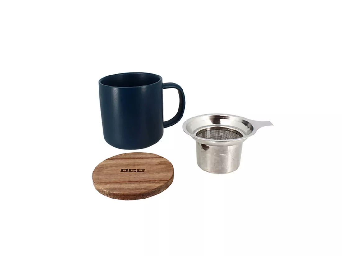 Ogo Living - Tisaniere Juliet 300ml En Gres Bleu Avec Couvercle Bois D'acacia