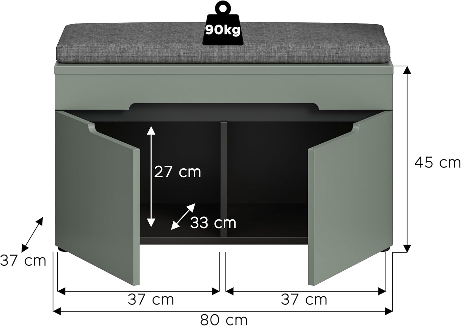 xonox.home - Sitzbank inkl. Sitzbank Canu 80x45x37cm in Korpus Basalt grau Nb., Front Smoke Green Nb. - Bank Garderobenbank Flurbank Truhe - modern & praktisch