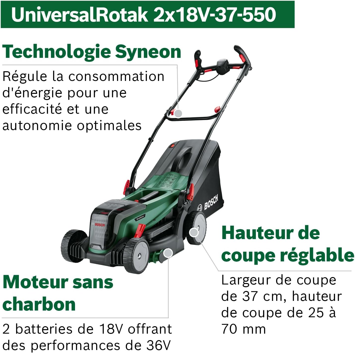 Bosch Tondeuse à Gazon sans Fil - UniversalRotak 2x18V-37-550 (Jusqu’à 500 m2 avec 2 Batteries de 4,0 Ah ; système 18V ; Largeur de Coupe : 37 cm ; sans Batterie)
