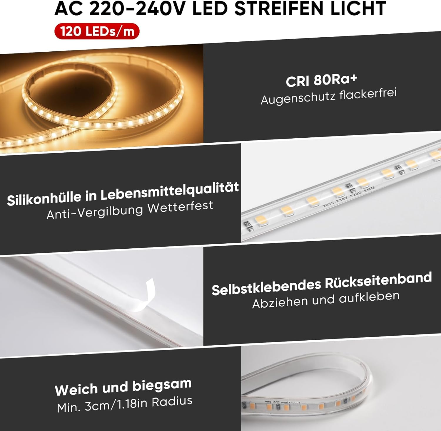 Shine Decor LED Streifen 20m, AC 220V 230V IP65 Wasserdicht LED Band, SMD 2835 120 leds/m Ultrahohe Helligkeit Lichtleiste für Home Decoration Küche Garten LED Beleuchtung (20M, Warmweiß)