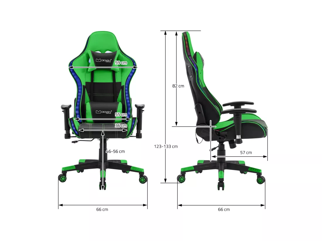 Chaise de jeu avec éclairage RGB & Bluetooth Boxes Noir/Vert en similicuir ML-Design