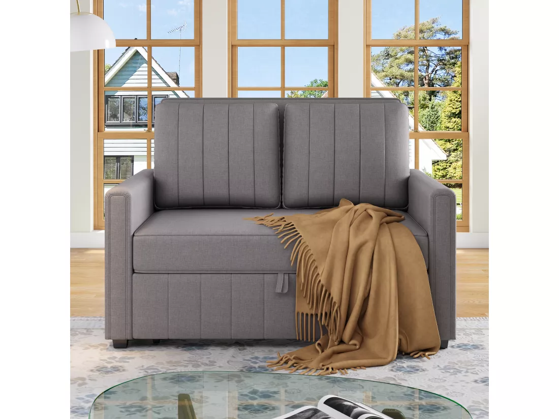 Canapé convertible 2 places, Canapé-lit pliant en tissu lin - 127 x 75/180 x 94 cm - avec fonction sommeil et dossier réglable - Gris