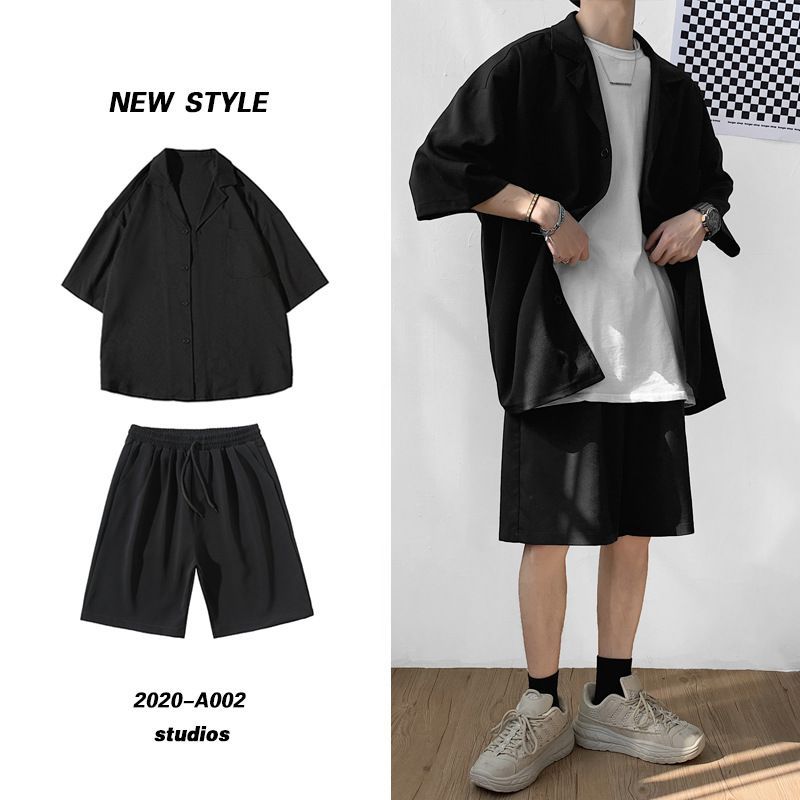 POSI - Set: Shirtjasje met korte mouwen + Shorts met rechte pijpen