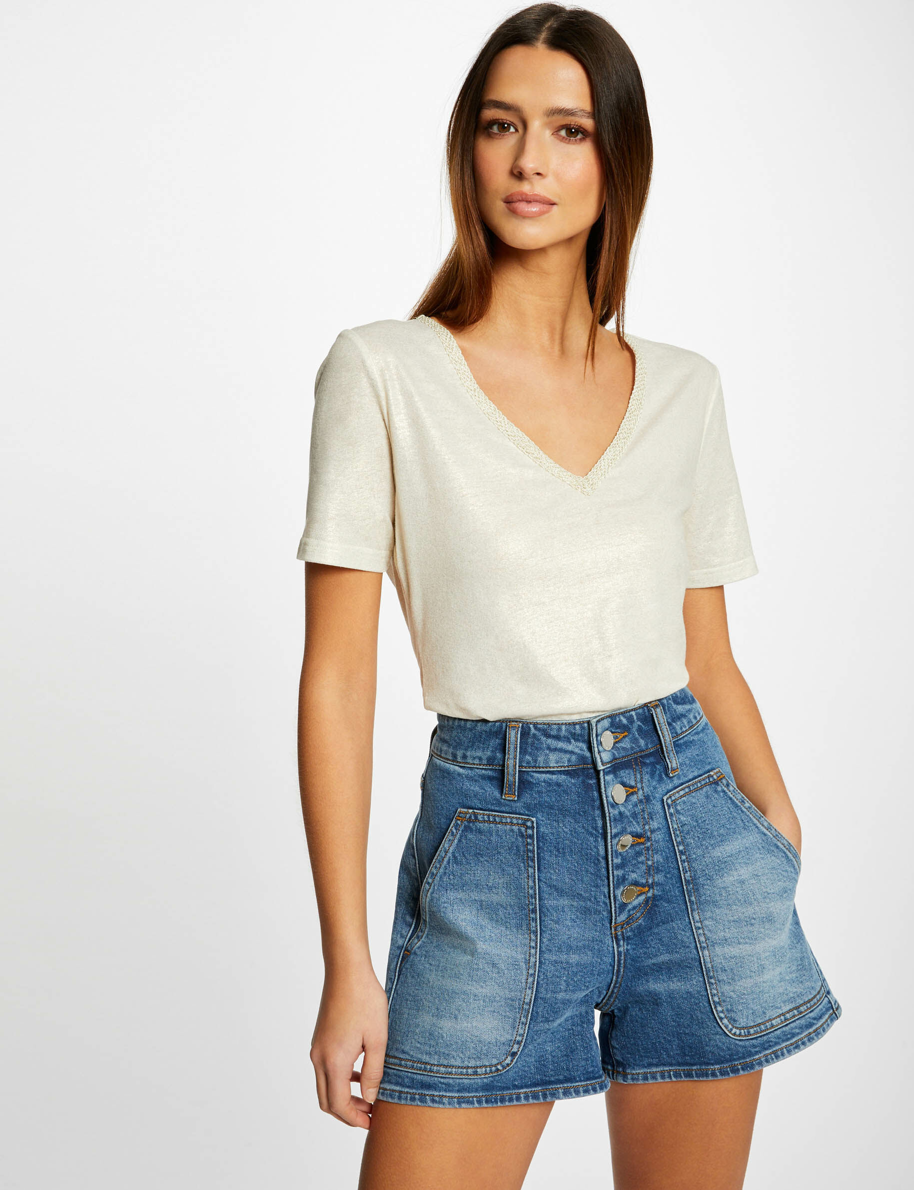 T-shirt manches courtes col en V ecru femme - ecru