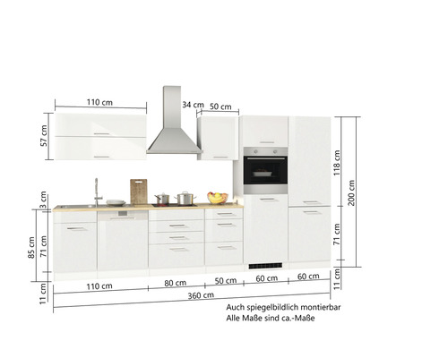 Held Furniture keukenblok zonder apparatuur Milan 360 cm wit hoogglans gedemonteerd omkeerbaar model 630.1.6210