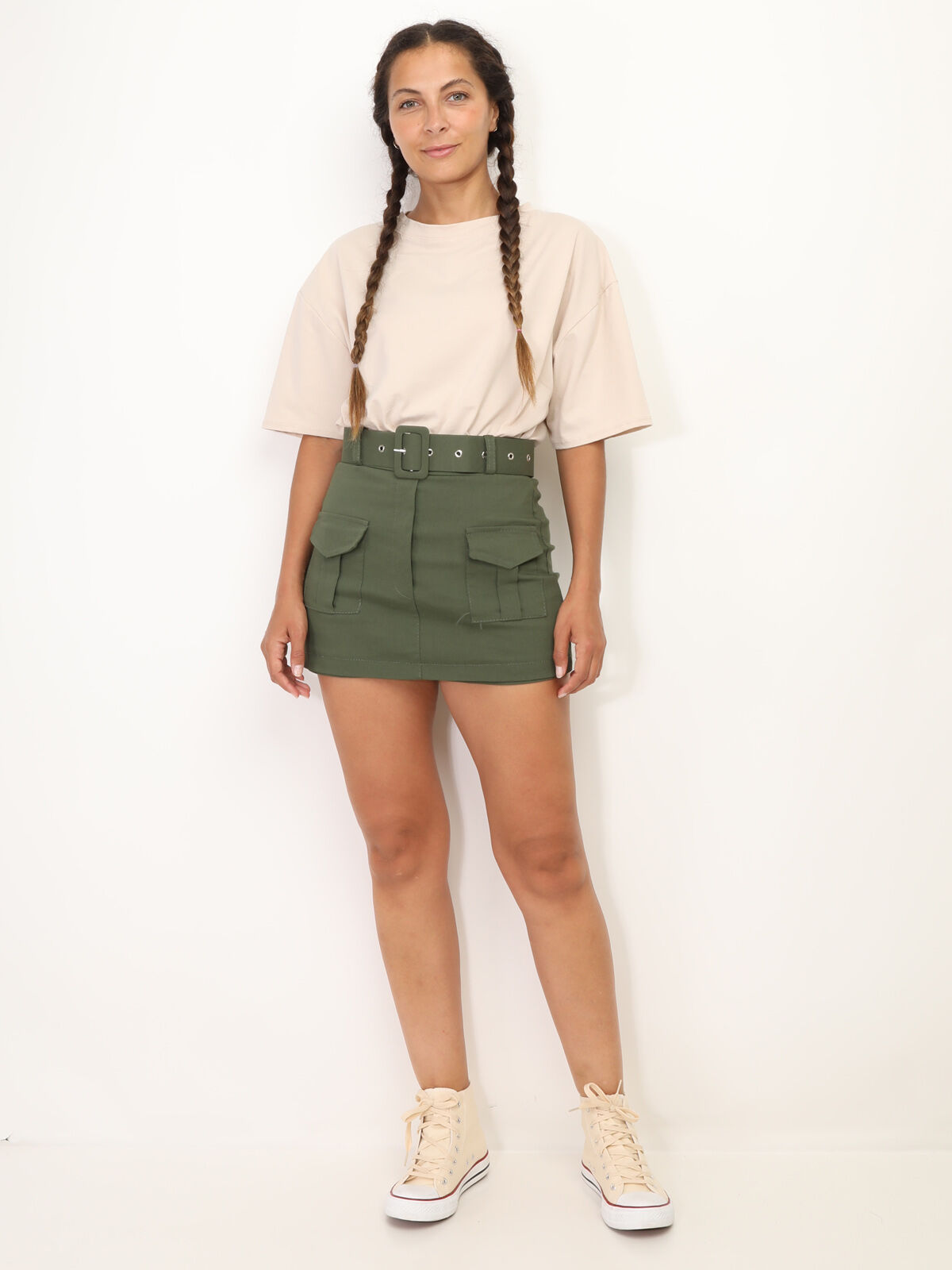 Jupe-short ceinturée à poches- Kaki