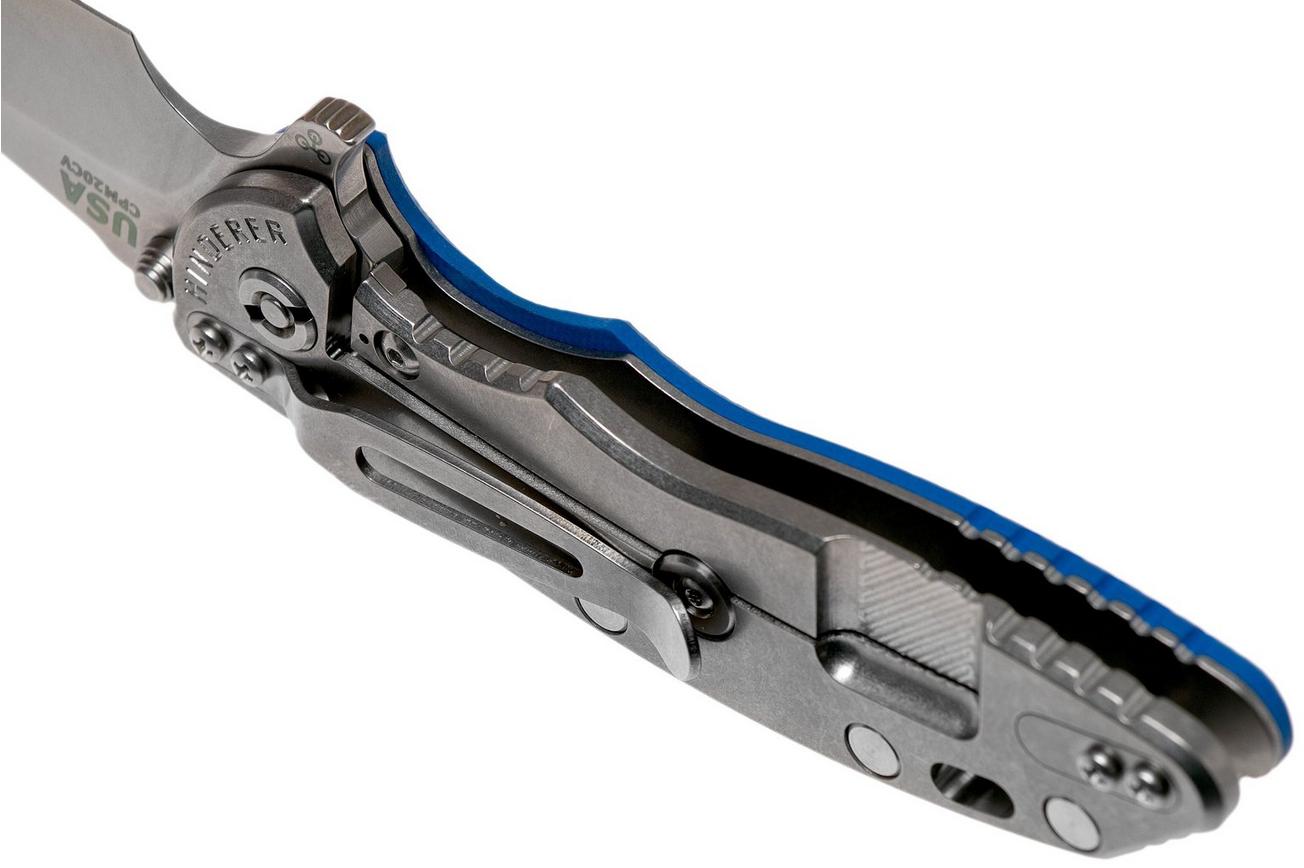 Rick Hinderer XM18 3.5” Recurve, CPM 20CV, Stonewash, Blue G10, zakmes