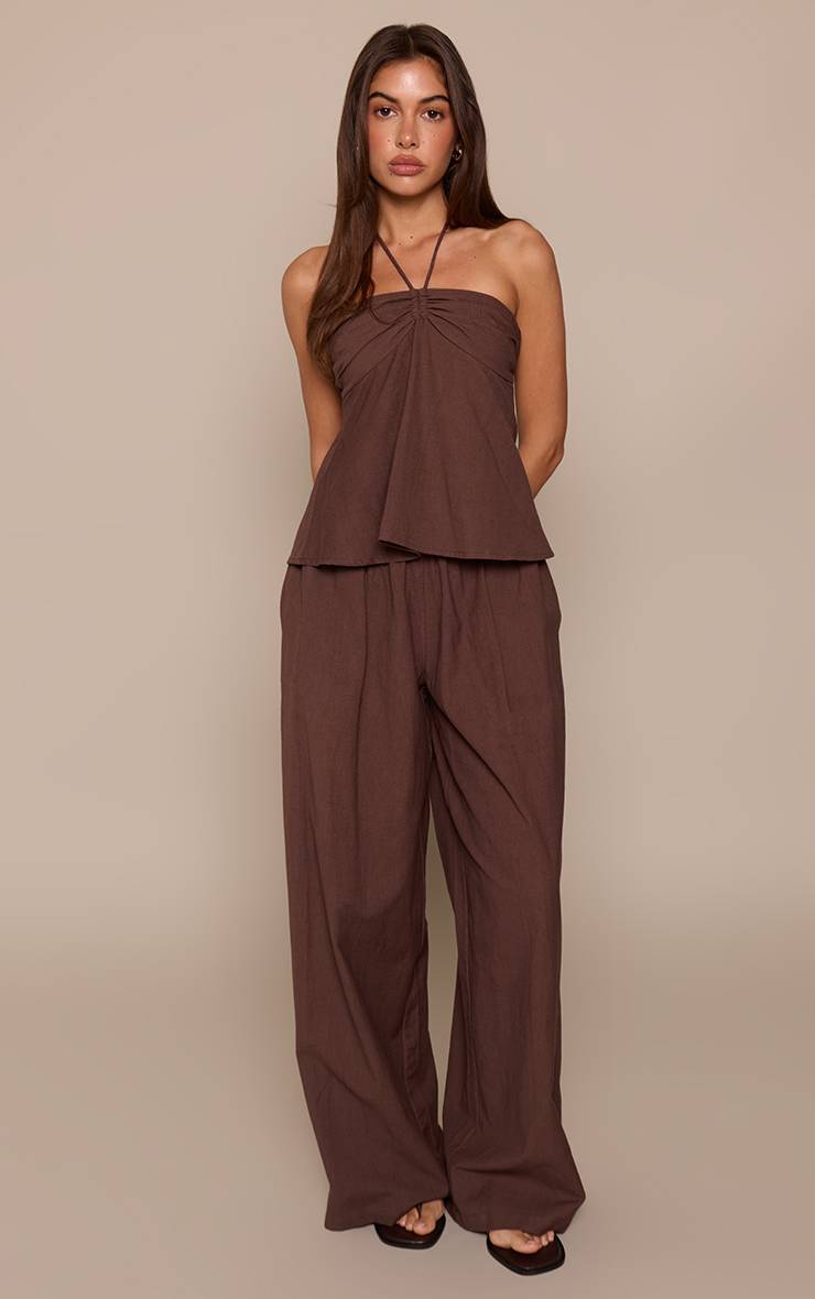 Marron Pantalon En Lin À Taille Froncée Ensemble Coordonné