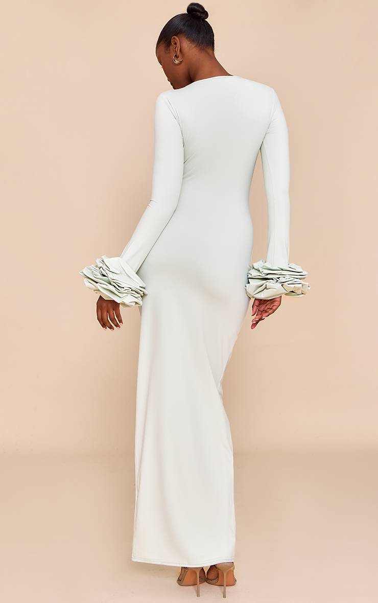 Vert Sauge Robe Longue À Manches Bouffantes