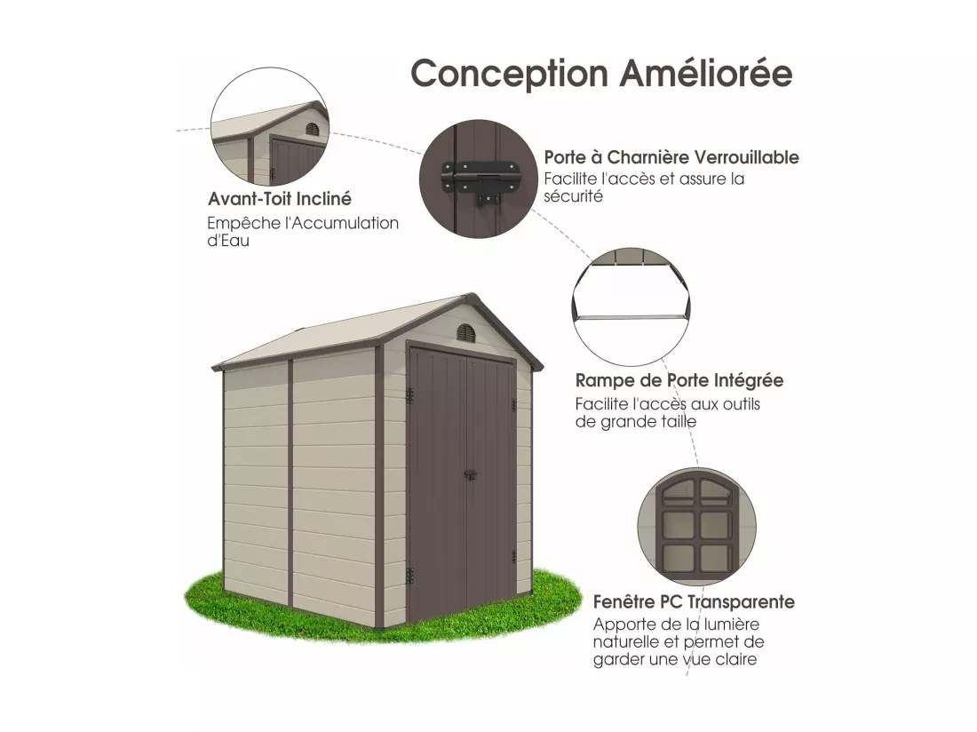 Abri de Jardin Extérieur 6.2 m³ avec Porte Verrouillable, Abri de Jardin PVC 3.1㎡ avec 2 Fenêtres, Toit en Pente, Cadre en Acier, Rampe pour Vélos, Outils, Cabane pour Jardin, Terrasse, Patio