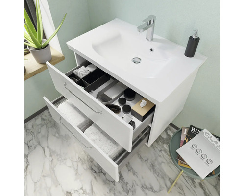 Pelipal Kumba badkamermeubelset (B x H x D 110 x 200 x 51 cm), witte glanzende fronten, 5-delige set inclusief witte mineraalstenen wastafel, badmeubel en wandkast (artikelnr. 99.770225094)