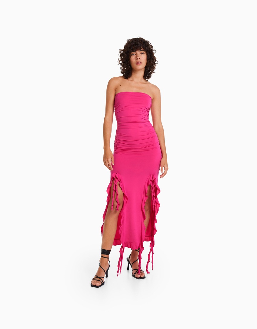 Vestido longo tomara que caia com babados