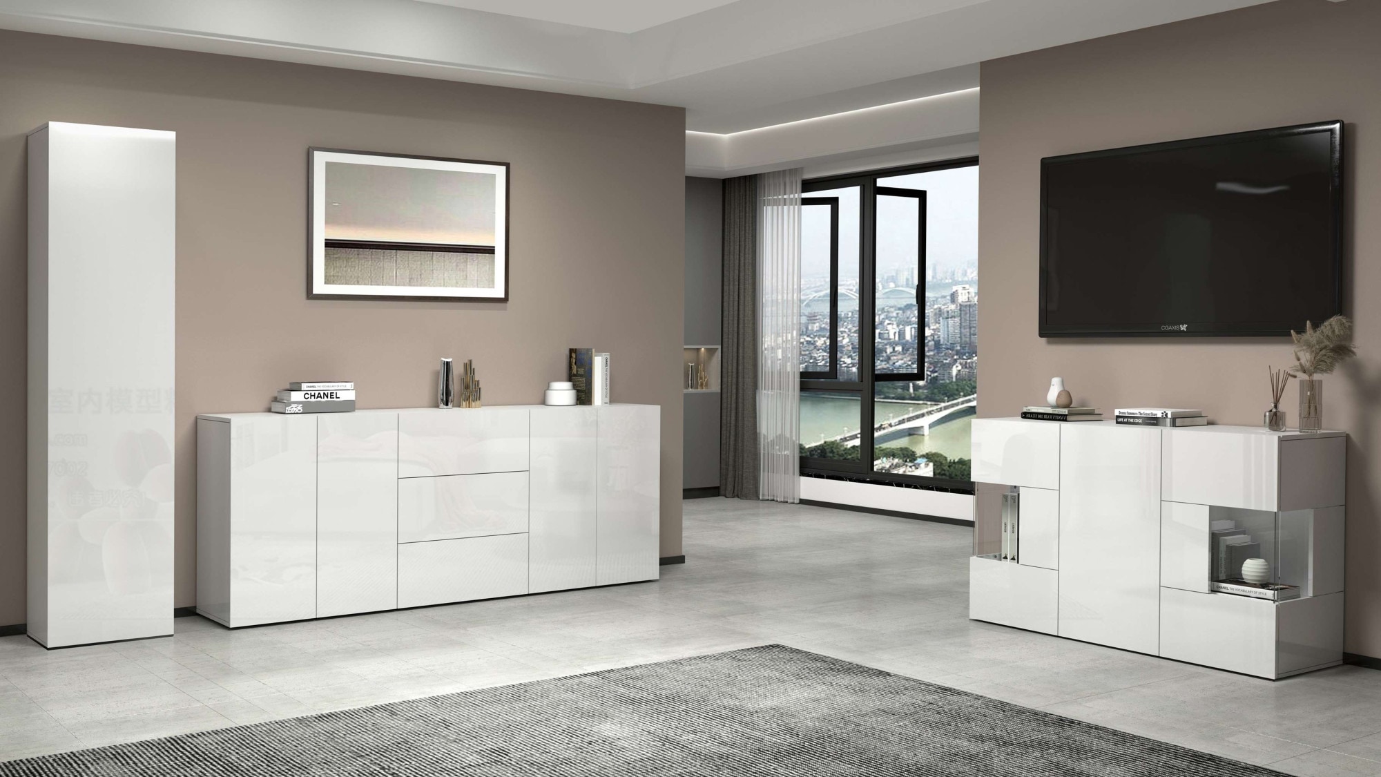 INOSIGN Sideboard »Egypt, Kommode, Schrank, Kredenz, Vitrine grifflos« 3 Türen davon 2 mit Glaseinsatz, kompl. Hochglanz lackiert Breite 135
