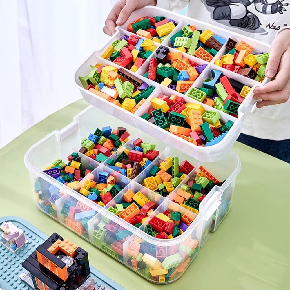 (300x225mm) Kinder Klemm Baustein Organizer Stapelbare Spielzeug Aufbewahrungs Box mit Deckel   Trennwände - Transparent / Blau