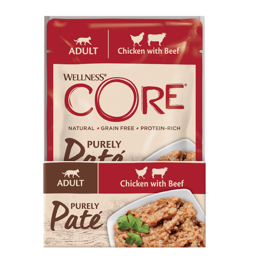 Sachê de 85g de patê Wellness Core Adult, sabor puro de frango e carne bovina, para gatos.