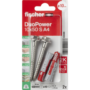 Fischer Universeelplug DuoPower 10x50 mm met RVS schroef 2 stuks