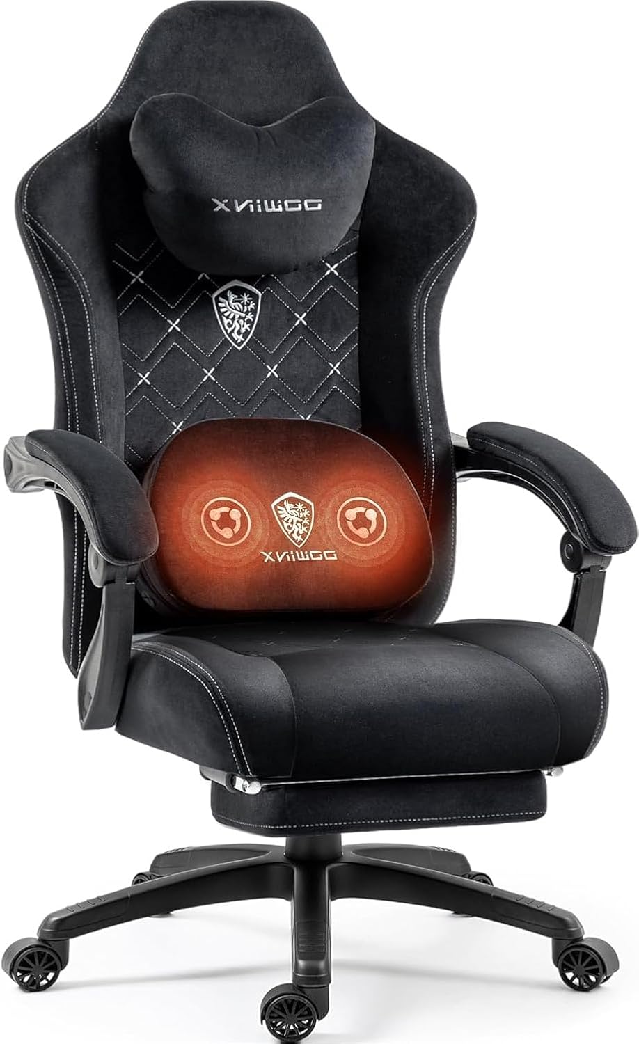Dowinx Gaming Stuhl mit beheizter Massage Lendenwirbelstütze, Gaming Stuhl mit Taschenfederkissen und Fußstütze, Gamer Stuhl High Back PC Stuhl für Erwachsene, Dark