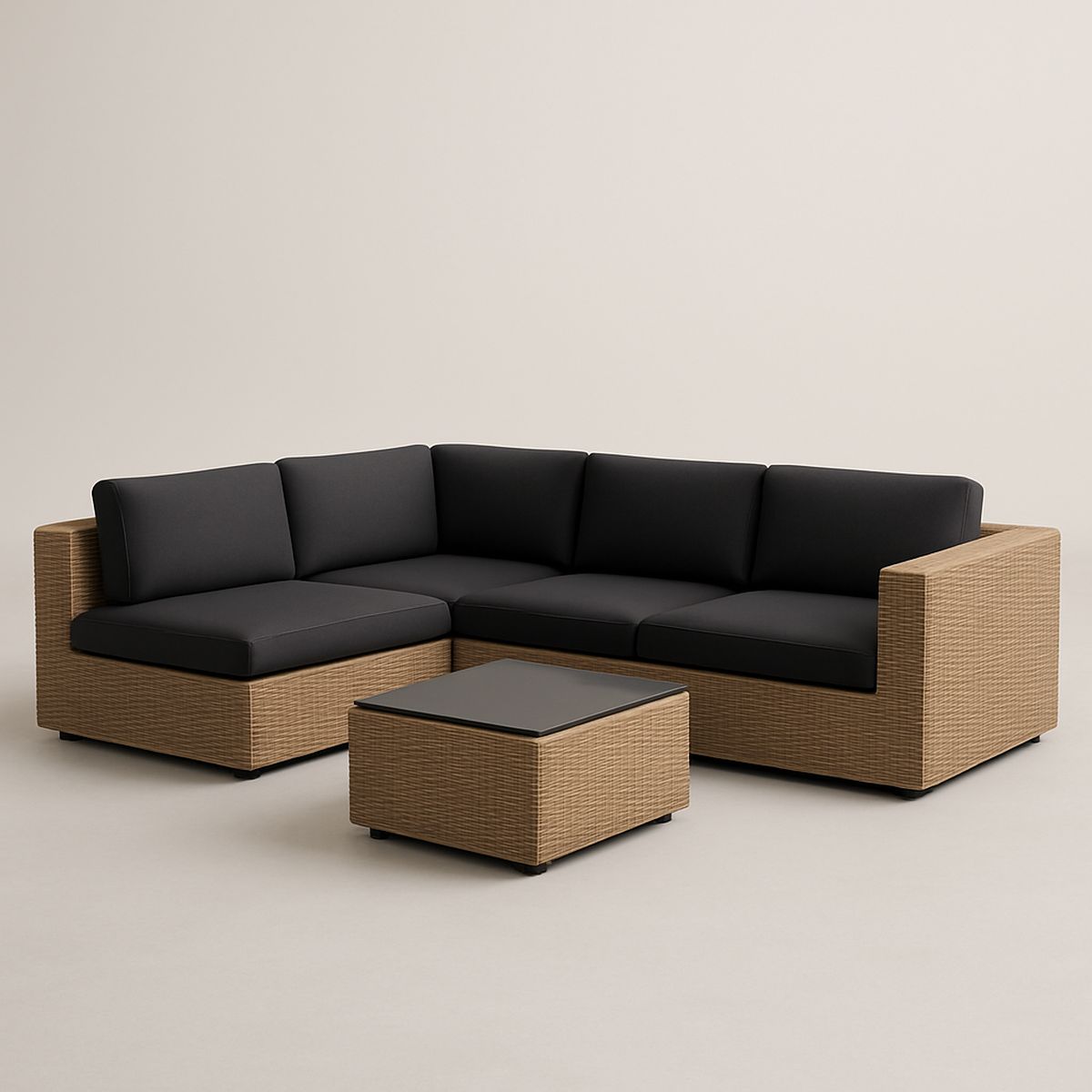 Ecksofa Set Polyrattan Schwarz Kissen Lounge Tisch