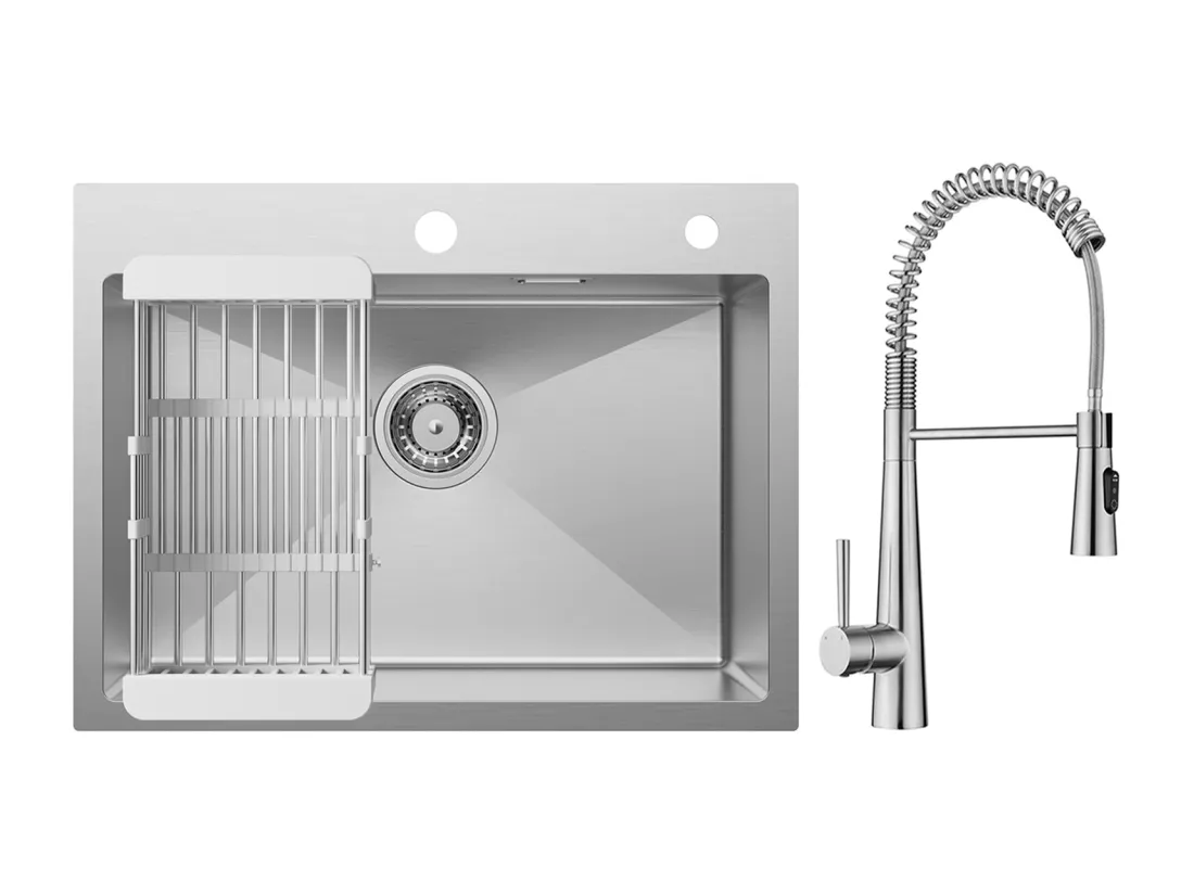 Cecipa max Évier 1 Bac 60×45cm Évier Inox Brossé avec Panier de Drainage + Mitigeur de Cuisine à Ressort avec 3 Modes de Sortie D'eau, Brossé