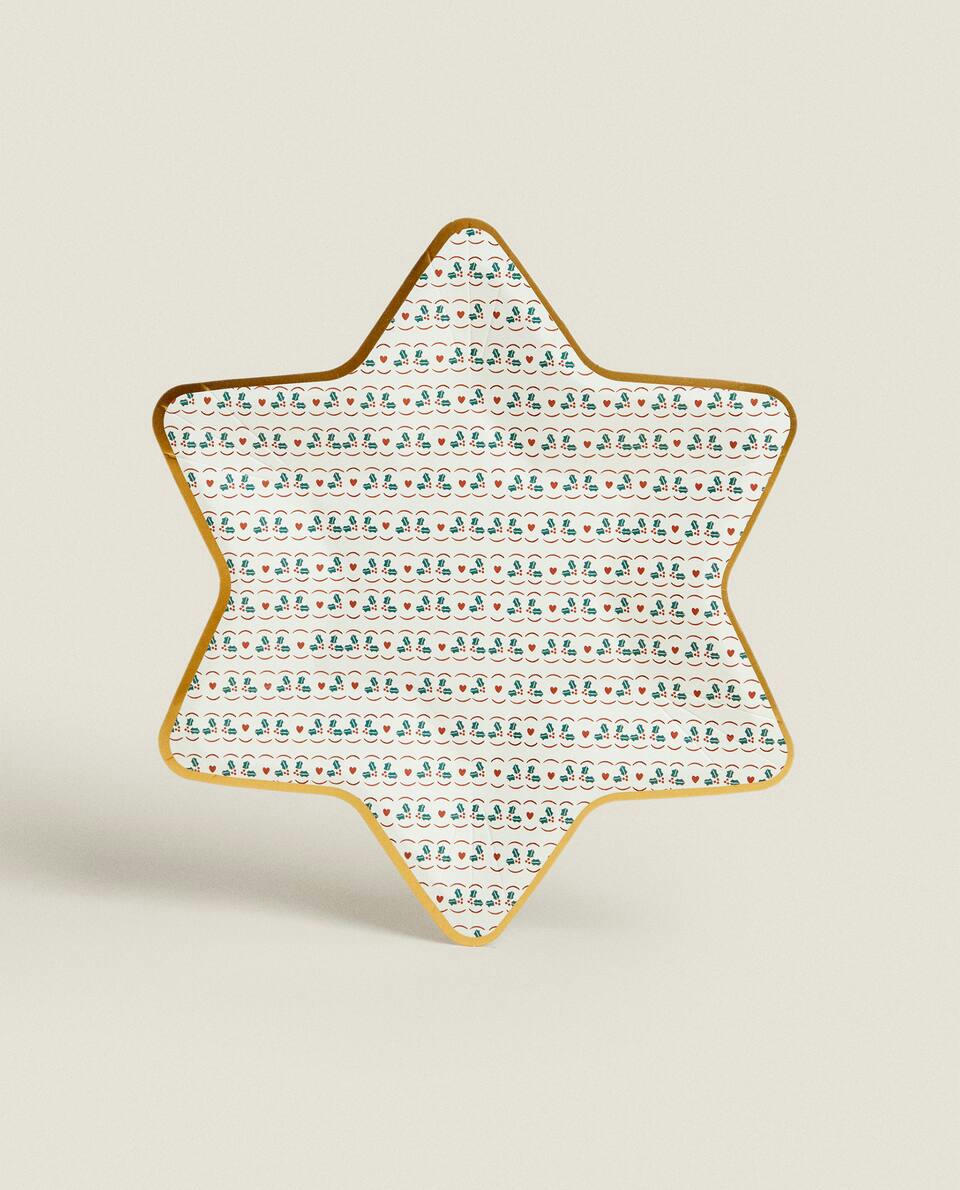 Pacote com 12 pratos de papel infantis em formato de estrela de Natal.