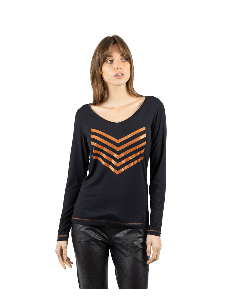 HBT BASICS - JUSTINE TOP MODAL CHEVRONS NOIR/CUIVRE