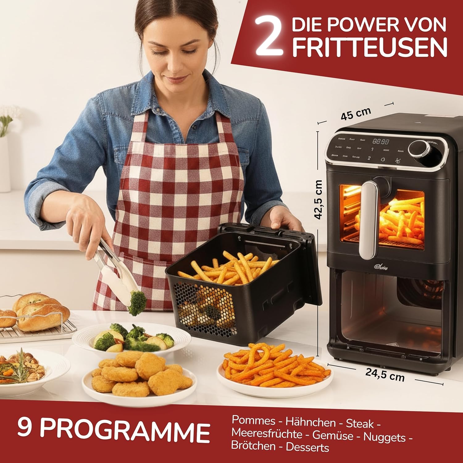 Maestro Airfryer Doppelkammer XXL Heißluftfritteuse 2 Kammern I 2460W - Heißluftfritteuse mit Glas Sichtfenster I 11L I Antihaftbeschichtung I spülmaschinenfest I platzsparend I energiesparend